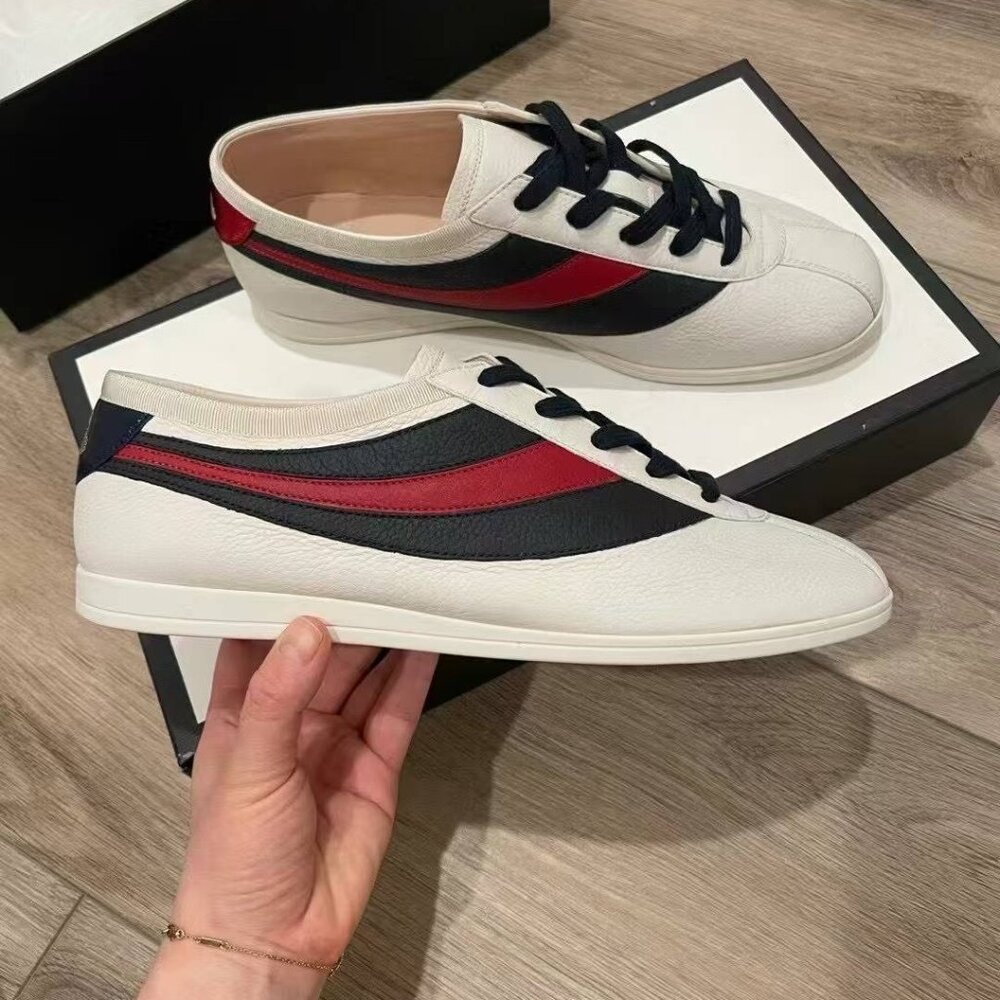 NIB Authentic  Gucci  Calfskin Mens Web Falacer SneakersWhite Blue